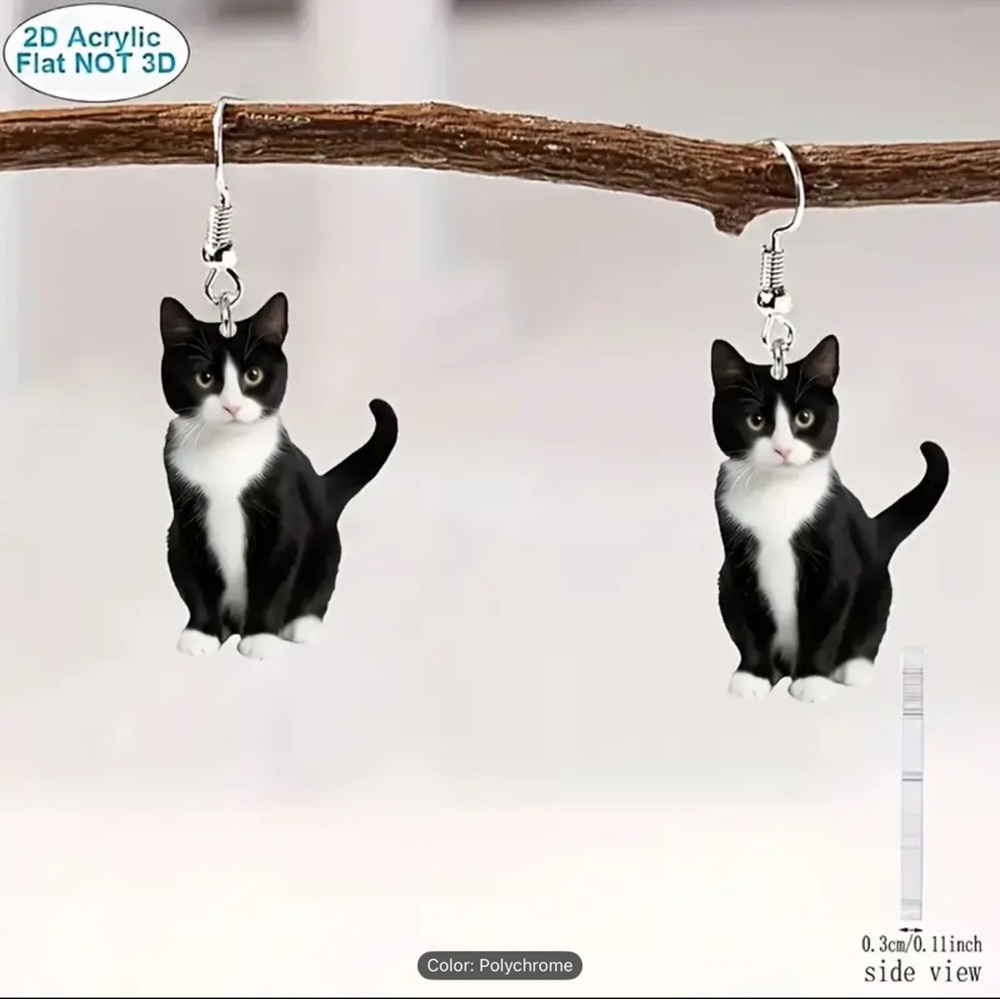 cat earrings Tuxedo Acrylic Flat 2D fashion jewelry
